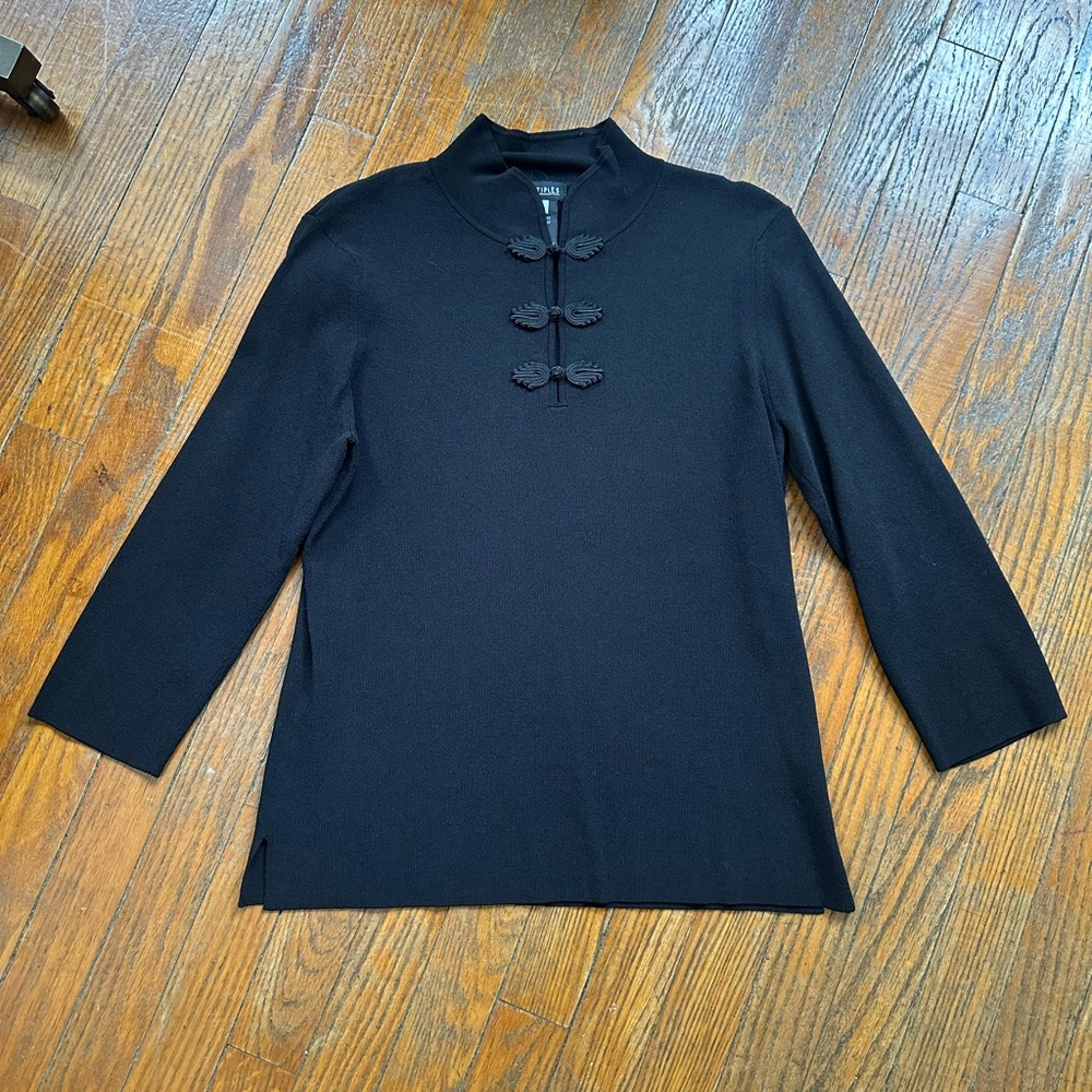 Multiples Black 3/4 Sleeve Sweater with Knotted Buttons